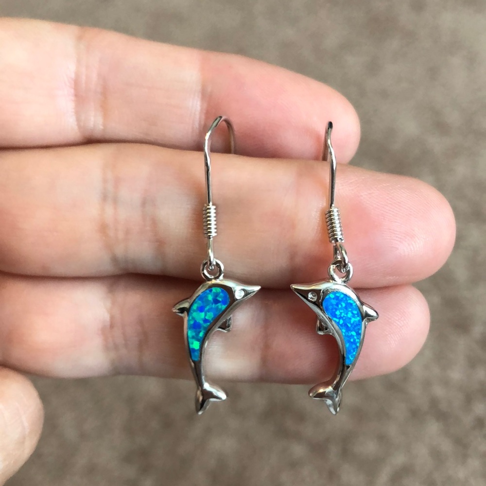 Sterling Silver with Lab Opal Dolphin Earrings - Picture 3 of 5